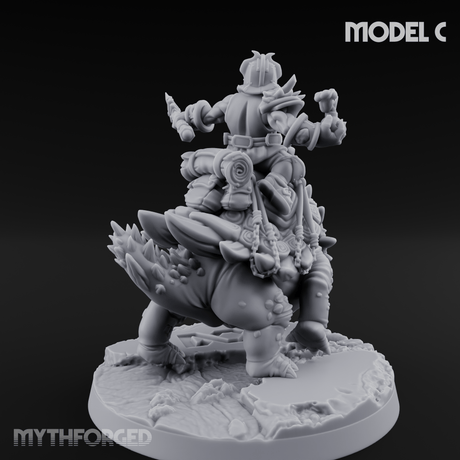 Tusks Raised Bellowing Triceratop Riding Dwarves C Miniature for Dungeons and Dragons, Pathfinder or other TTRPGs