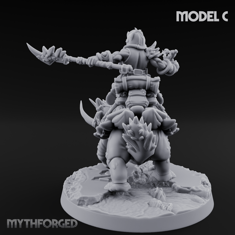 Tusks Raised Bellowing Triceratop Riding Dwarves C Miniature for Dungeons and Dragons, Pathfinder or other TTRPGs