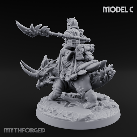 Tusks Raised Bellowing Triceratop Riding Dwarves C Miniature for Dungeons and Dragons, Pathfinder or other TTRPGs