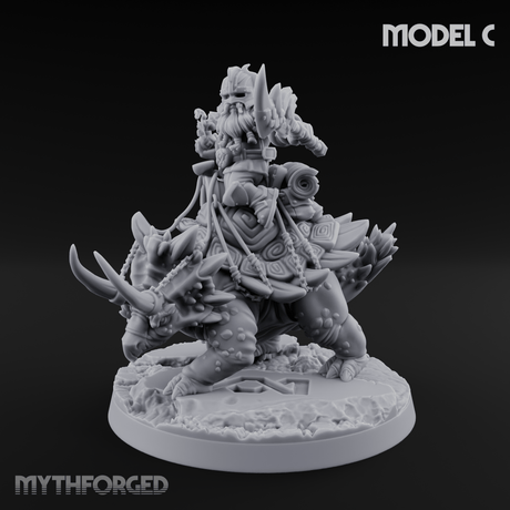 Tusks Raised Bellowing Triceratop Riding Dwarves C Miniature for Dungeons and Dragons, Pathfinder or other TTRPGs
