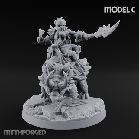 Tusks Raised Bellowing Triceratop Riding Dwarves C Miniature for Dungeons and Dragons, Pathfinder or other TTRPGs