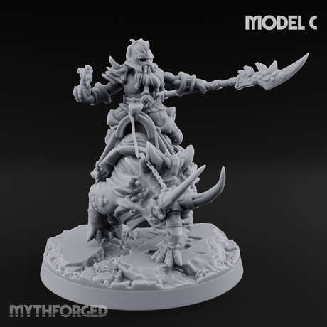 Tusks Raised Bellowing Triceratop Riding Dwarves C Miniature for Dungeons and Dragons, Pathfinder or other TTRPGs