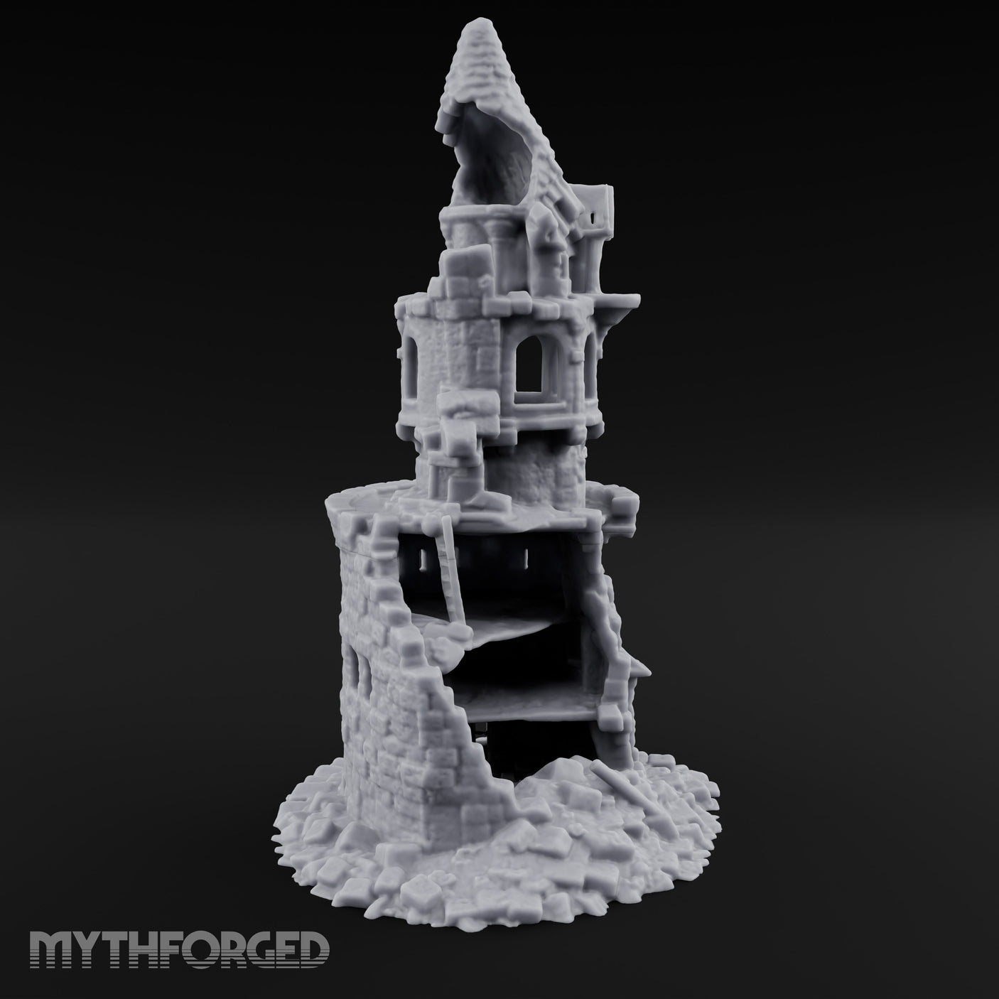 Wall-Sheared Rubble-Strewn Townhouse Tower Ruins Miniature for Dungeons and Dragons, Pathfinder or other TTRPGs