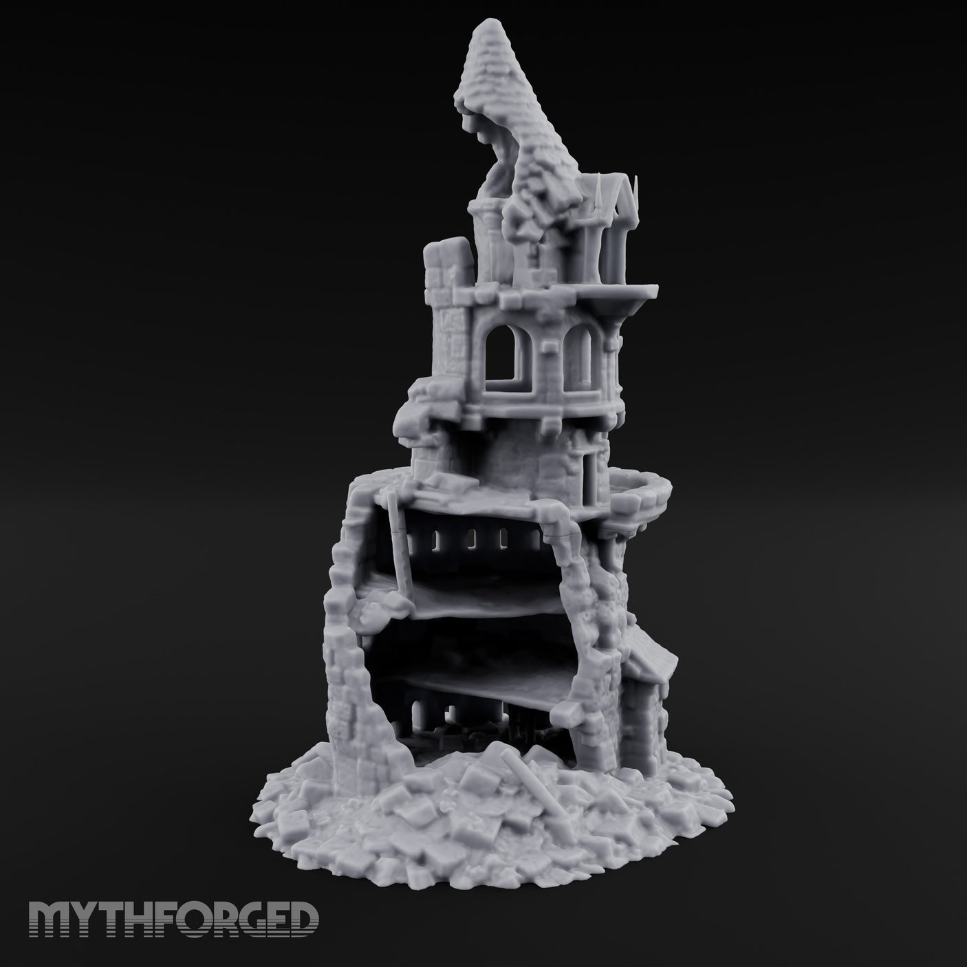 Wall-Sheared Rubble-Strewn Townhouse Tower Ruins Miniature for Dungeons and Dragons, Pathfinder or other TTRPGs