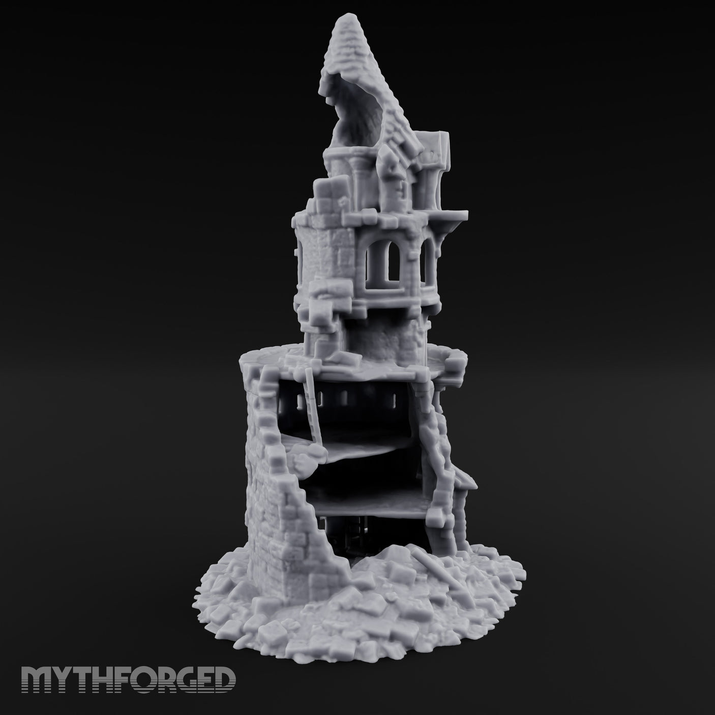 Wall-Sheared Rubble-Strewn Townhouse Tower Ruins Miniature for Dungeons and Dragons, Pathfinder or other TTRPGs