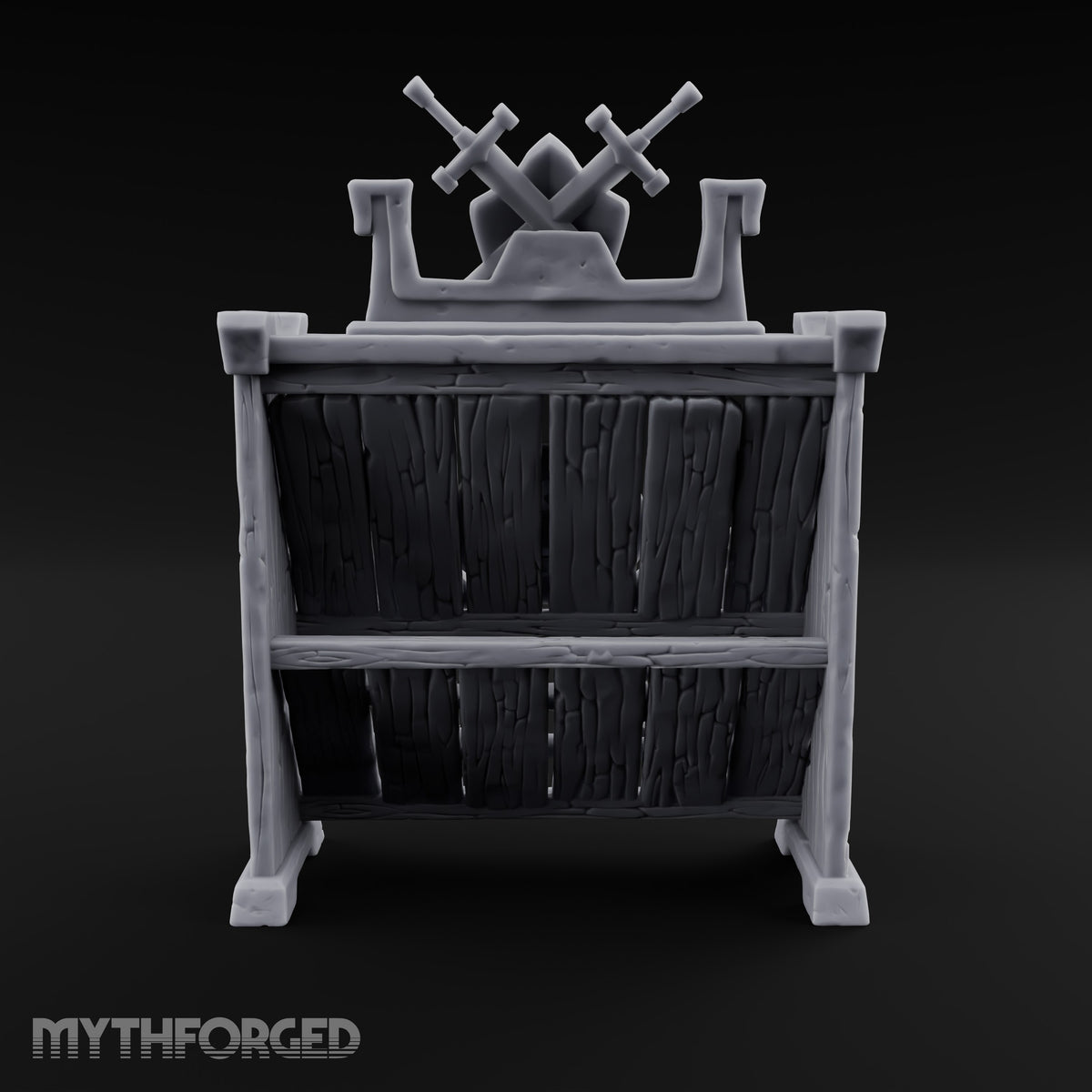 Sharpened Sales Pitch Wooden Weapons Display Rack — Stocked