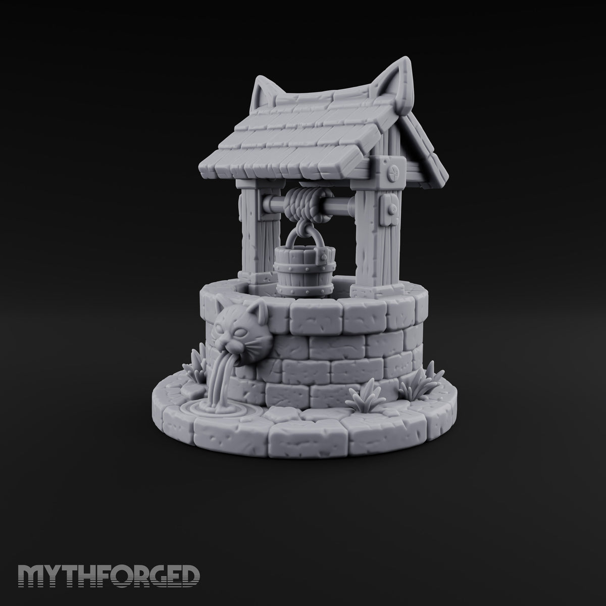 Drink Under Watchful Whiskers Roofed Cat-Head Stone Well