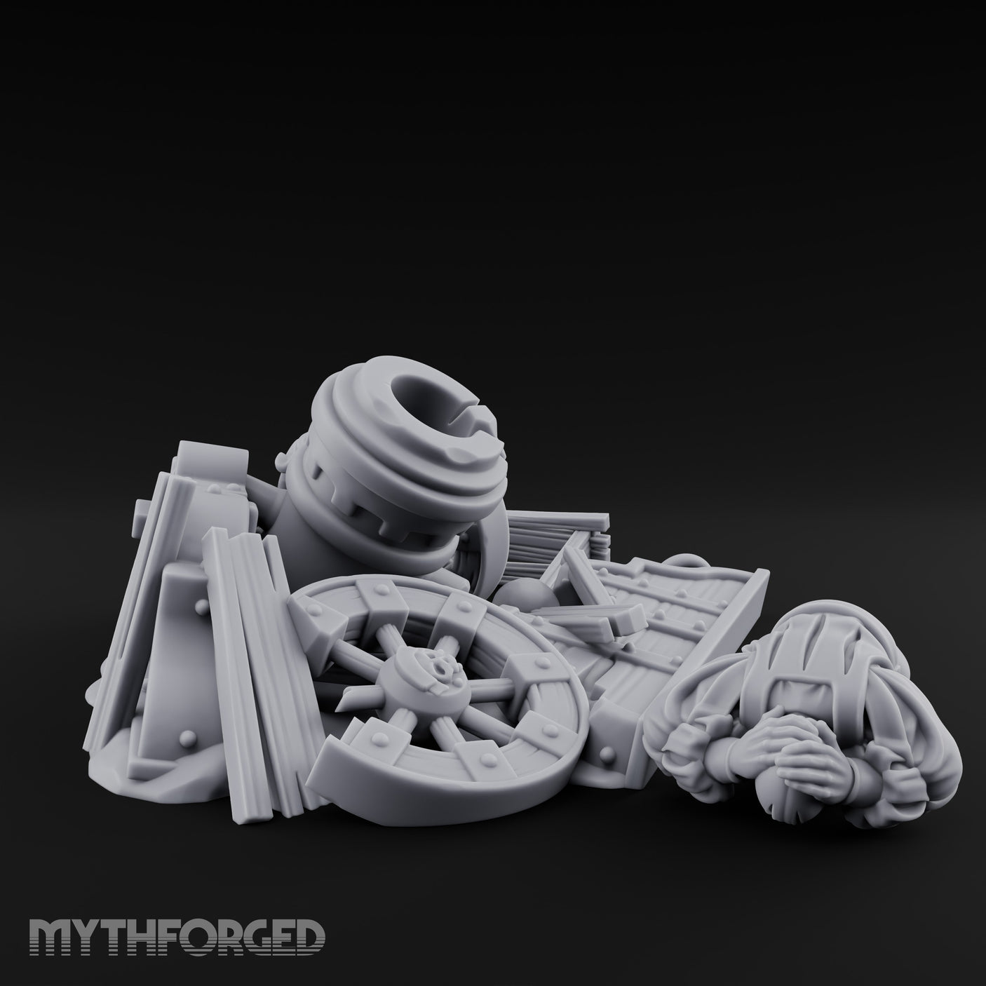 Wheel-Snapped Barrel-Toppled Destroyed Mortar Cart Ruins Miniature for Dungeons and Dragons, Pathfinder or other TTRPGs