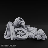 Wheel-Snapped Barrel-Toppled Destroyed Mortar Cart Ruins Miniature for Dungeons and Dragons, Pathfinder or other TTRPGs