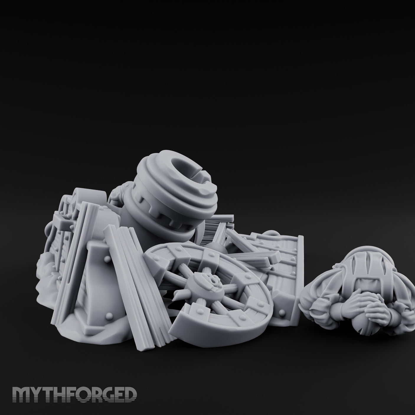 Wheel-Snapped Barrel-Toppled Destroyed Mortar Cart Ruins Miniature for Dungeons and Dragons, Pathfinder or other TTRPGs