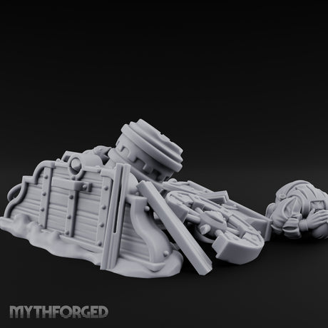 Wheel-Snapped Barrel-Toppled Destroyed Mortar Cart Ruins Miniature for Dungeons and Dragons, Pathfinder or other TTRPGs