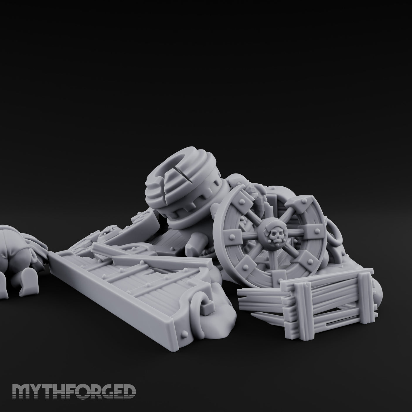 Wheel-Snapped Barrel-Toppled Destroyed Mortar Cart Ruins Miniature for Dungeons and Dragons, Pathfinder or other TTRPGs