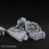 Wheel-Snapped Barrel-Toppled Destroyed Mortar Cart Ruins Miniature for Dungeons and Dragons, Pathfinder or other TTRPGs
