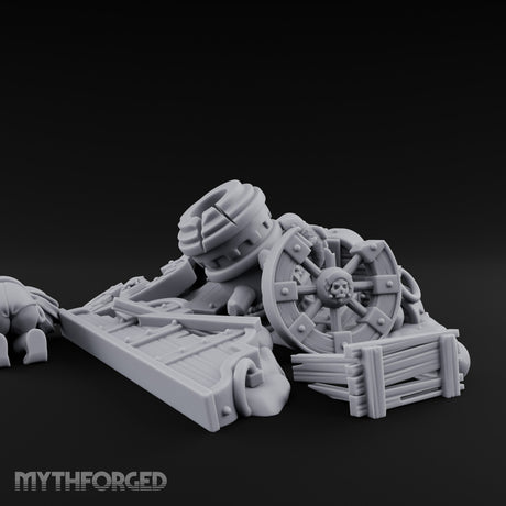 Wheel-Snapped Barrel-Toppled Destroyed Mortar Cart Ruins Miniature for Dungeons and Dragons, Pathfinder or other TTRPGs