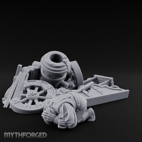 Wheel-Snapped Barrel-Toppled Destroyed Mortar Cart Ruins Miniature for Dungeons and Dragons, Pathfinder or other TTRPGs