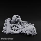 Wheel-Snapped Barrel-Toppled Destroyed Mortar Cart Ruins Miniature for Dungeons and Dragons, Pathfinder or other TTRPGs