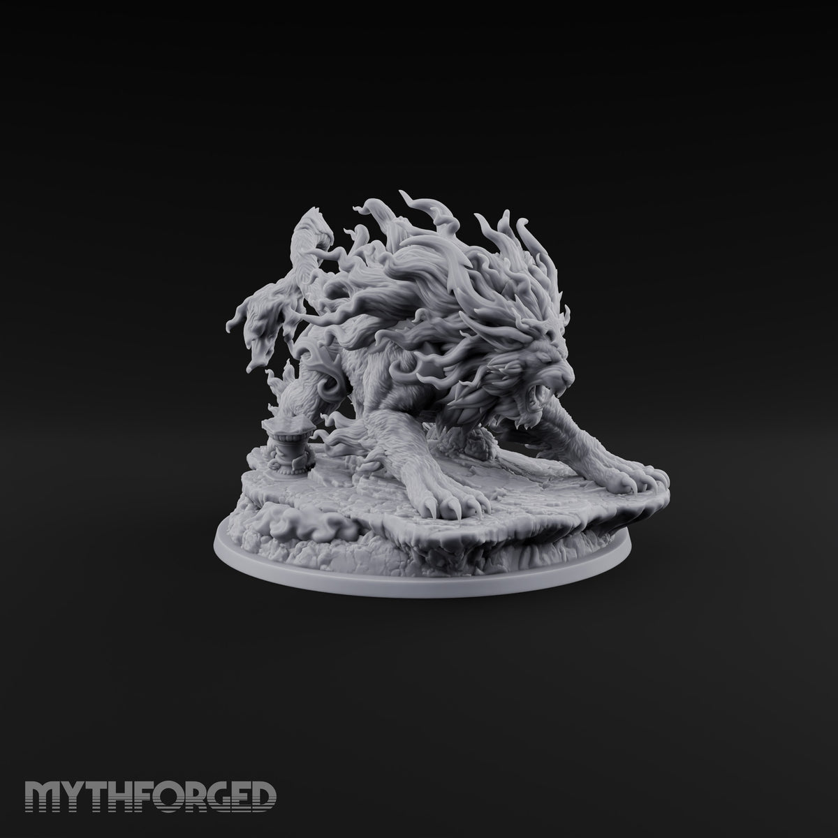 Tail Wears a Second Face Chimera Flame-Maned Lion Beast with Head-Tipped Tail on Rocky Base
