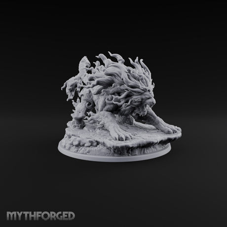 Tail Wears a Second Face Chimera Flame-Maned Lion Beast with Head-Tipped Tail on Rocky Base