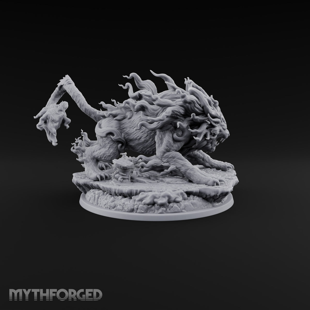 Tail Wears a Second Face Chimera Flame-Maned Lion Beast with Head-Tipped Tail on Rocky Base
