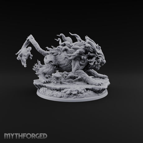 Tail Wears a Second Face Chimera Flame-Maned Lion Beast with Head-Tipped Tail on Rocky Base