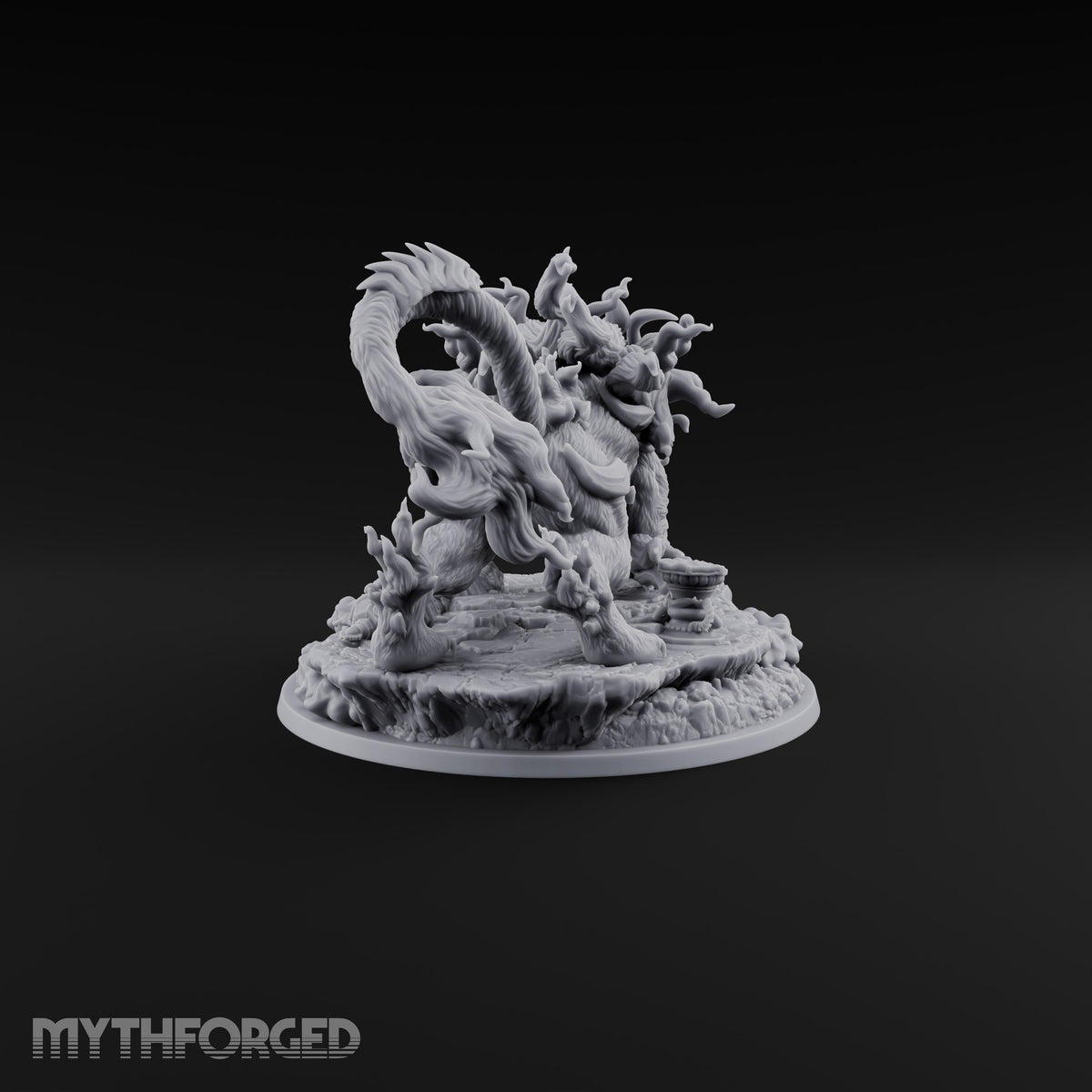 Tail Wears a Second Face Chimera Flame-Maned Lion Beast with Head-Tipped Tail on Rocky Base