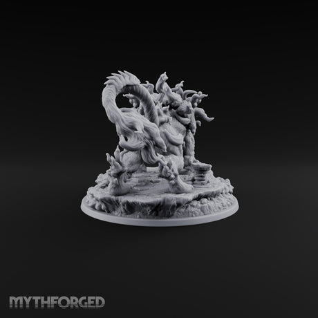 Tail Wears a Second Face Chimera Flame-Maned Lion Beast with Head-Tipped Tail on Rocky Base
