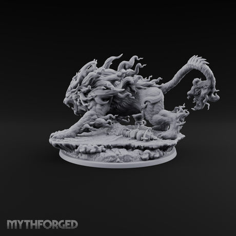 Tail Wears a Second Face Chimera Flame-Maned Lion Beast with Head-Tipped Tail on Rocky Base