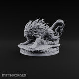 Tail Wears a Second Face Chimera Flame-Maned Lion Beast with Head-Tipped Tail on Rocky Base