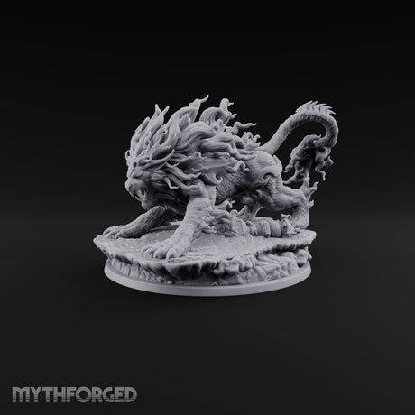 Tail Wears a Second Face Chimera Flame-Maned Lion Beast with Head-Tipped Tail on Rocky Base