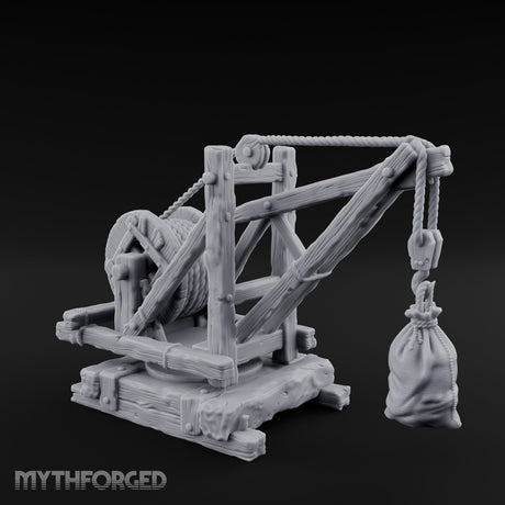 Winch-Wound Sack-Laden Dockside Lifting Crane Miniature for Dungeons and Dragons, Pathfinder or other TTRPGs