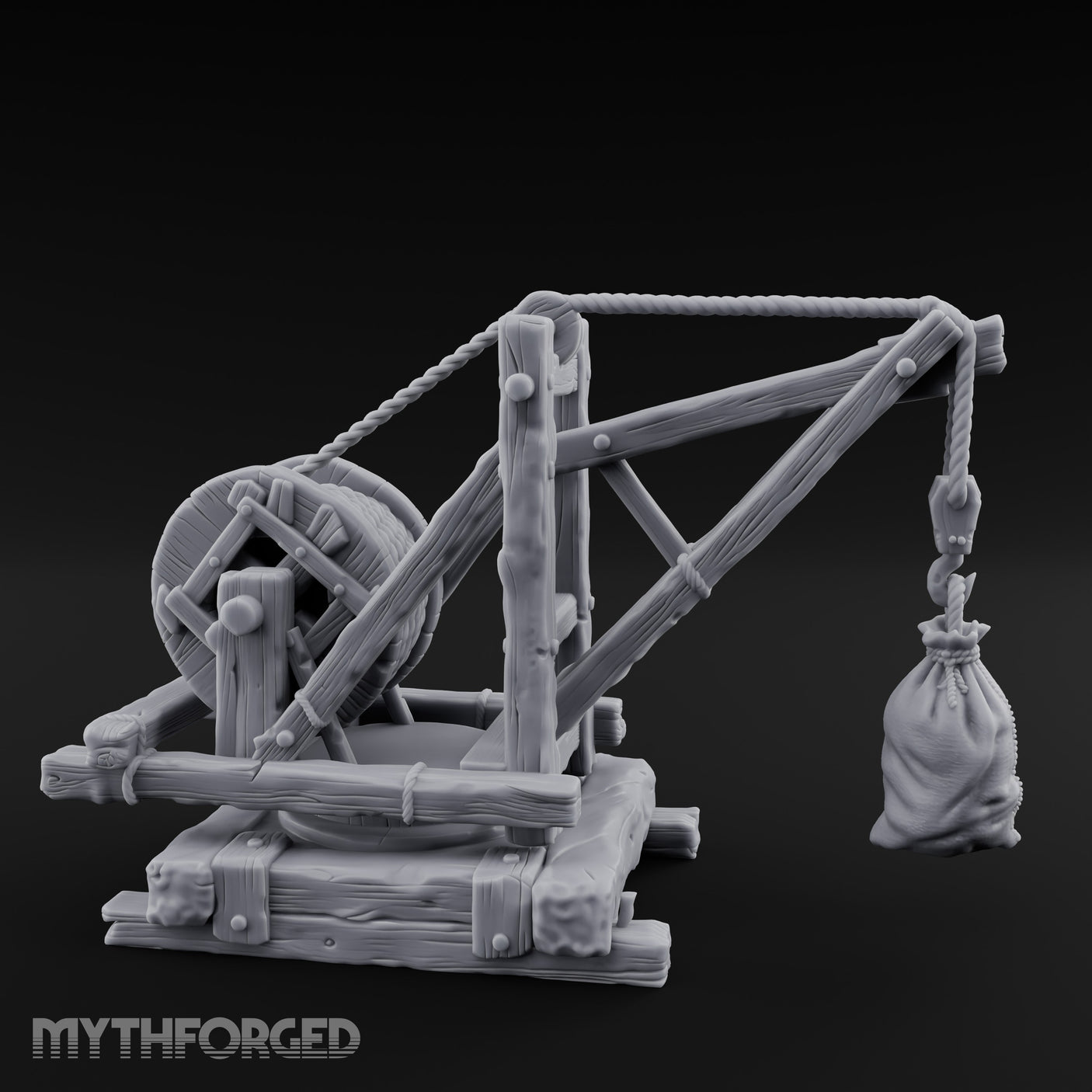 Winch-Wound Sack-Laden Dockside Lifting Crane Miniature for Dungeons and Dragons, Pathfinder or other TTRPGs