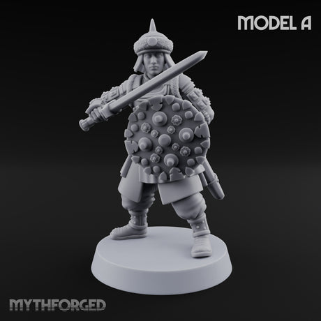 Shields Studded, Steel Singing Human Steppe Swordsmen with Studded Round Shields and Spiked Helms — A