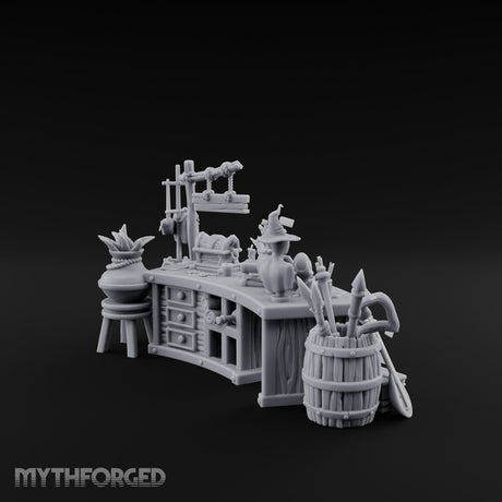 Witch-Hat Scale-Hung Trinket Trader's Market Counter Scene Miniature for Dungeons and Dragons, Pathfinder or other TTRPGs