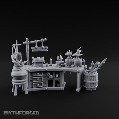 Witch-Hat Scale-Hung Trinket Trader's Market Counter Scene Miniature for Dungeons and Dragons, Pathfinder or other TTRPGs