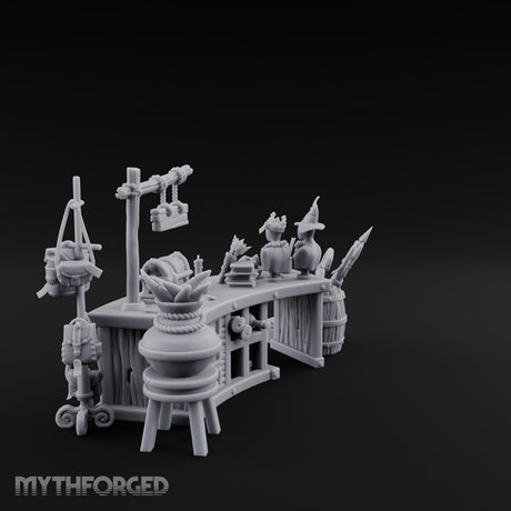 Witch-Hat Scale-Hung Trinket Trader's Market Counter Scene Miniature for Dungeons and Dragons, Pathfinder or other TTRPGs
