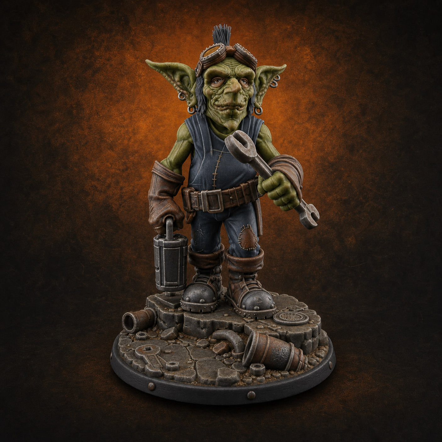 Wrench Wielding Goblin Mechanic — painted concept preview (miniature supplied unpainted)