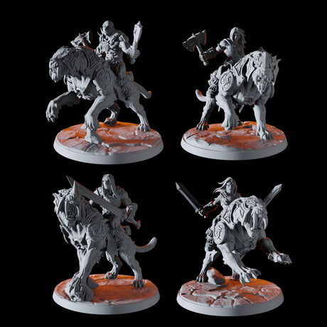 Four Barbarians on Sabre-Toothed Tigers Miniature for Dungeons and Dragons, Pathfinder or other TTRPGs