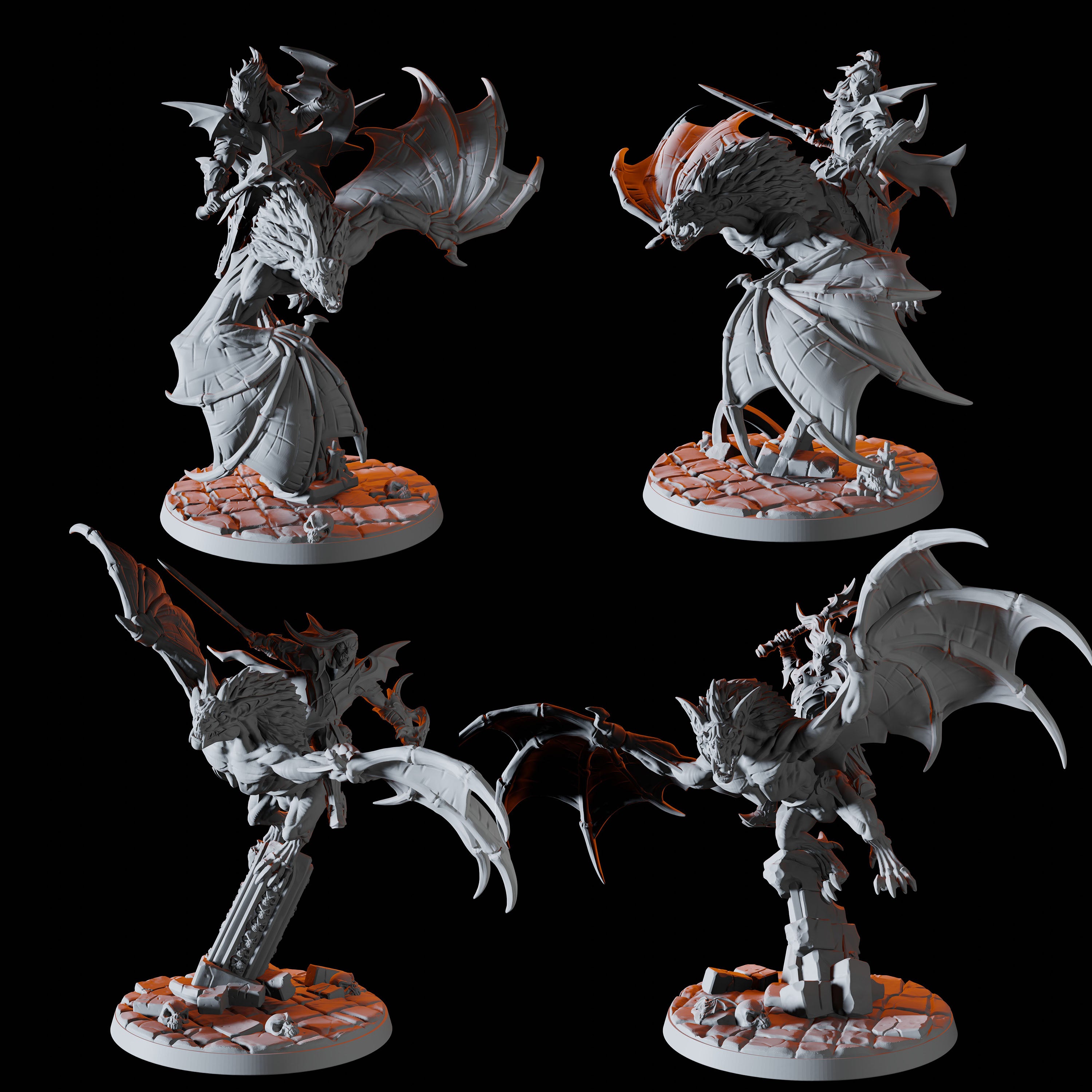 Four Vampire on Giant Bat Miniatures for Dungeons and Dragons - Myth Forged